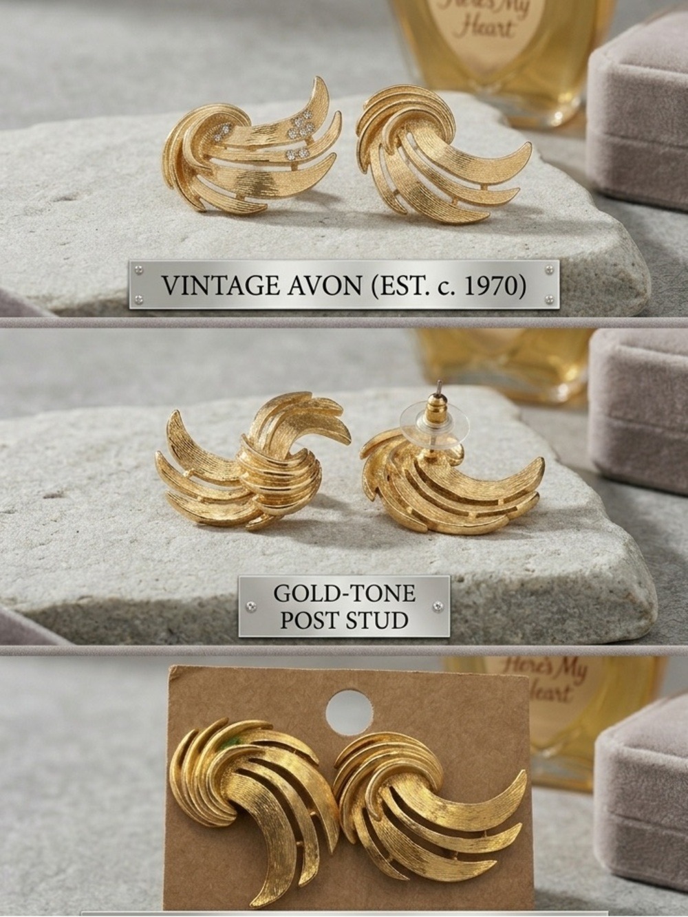 Vintage Avon Gold Tone Brushed Texture Feather Post Earrings